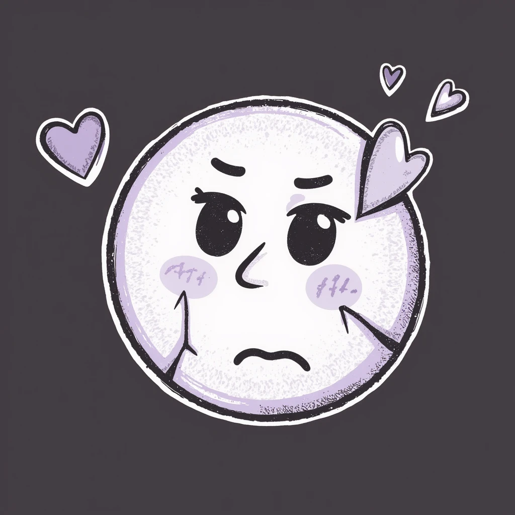 sad smiley face with broken heart, hand-drawn chalk style, soft lilac color palette, rough doodle-like texture, pastel chalk on dark surface, aesthetic, emotional, suitable for Telegram channel emoji