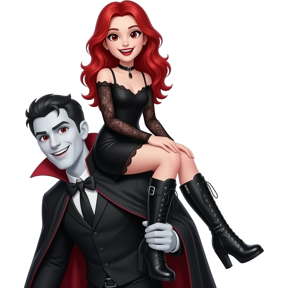 Vampiro femmina ADOLESCENTE con pelle bianca e capelli rossi indossa un vestito con le maniche lunghe nero, gli stivali lunghi neri con il tacco e sta sulla schiena del suo fidanzato VAMPIRO con la pelle bianca e i capelli neri e sono felici emoji