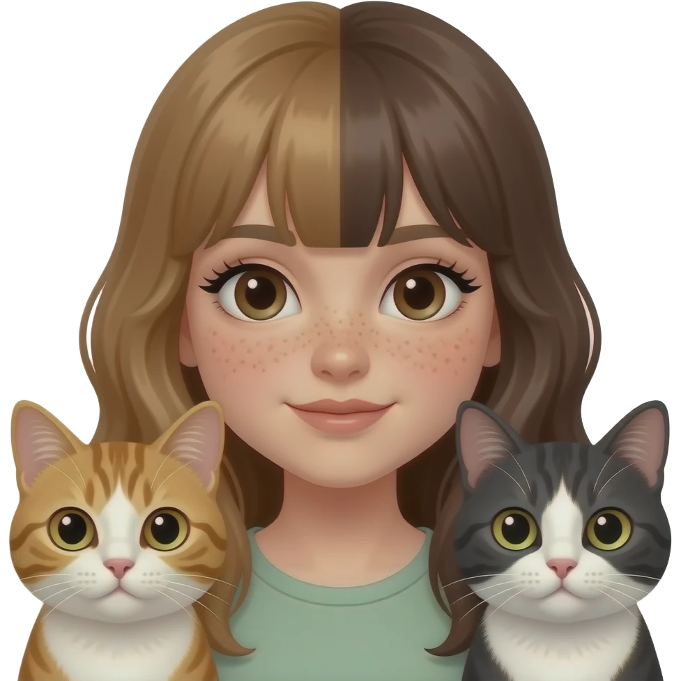 girl with dark brown eyes, a lot of freckles,pale skin, long full lashes and long half light brown and half dark hairwith two cats emoji