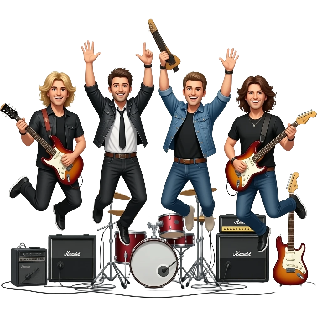 a musical group of rockers who jump with guitars in the air emoji