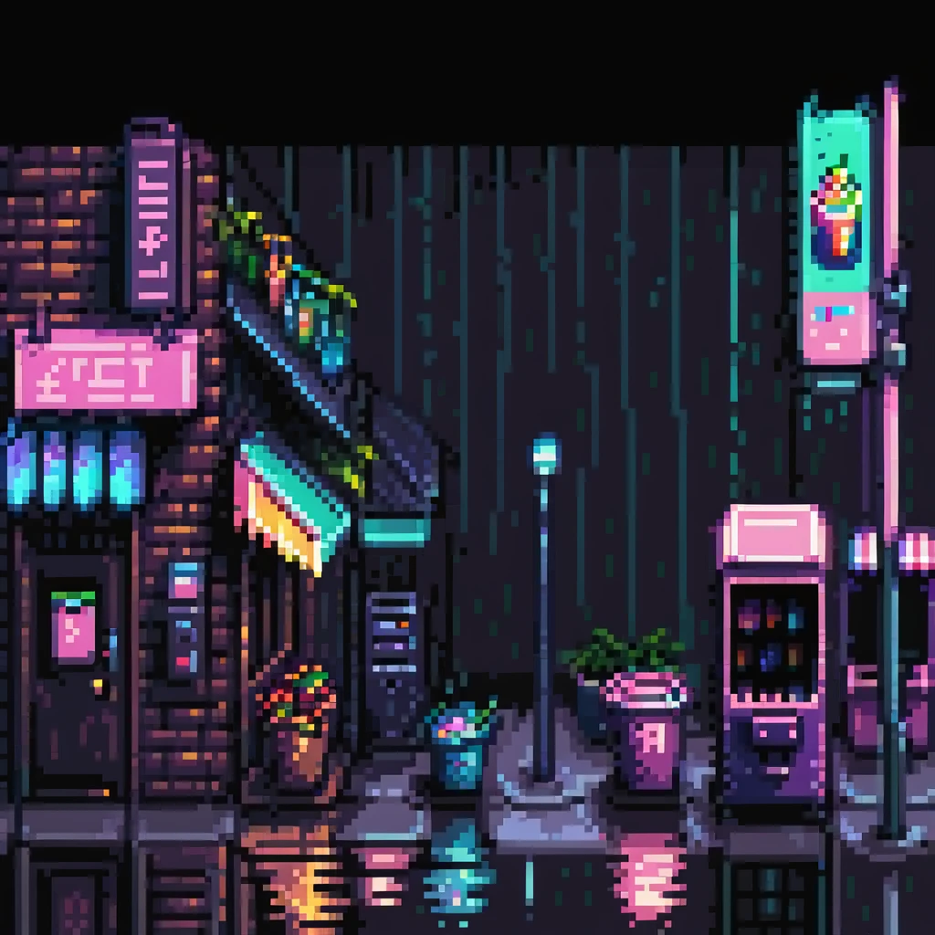 Pixel art urban street at night, side view, neon lights, vending machine, empty sidewalk, moody atmosphere, light rain reflections, trash bins, vertical 9:16 aspect ratio, Sega Genesis fighting game background
 emoji