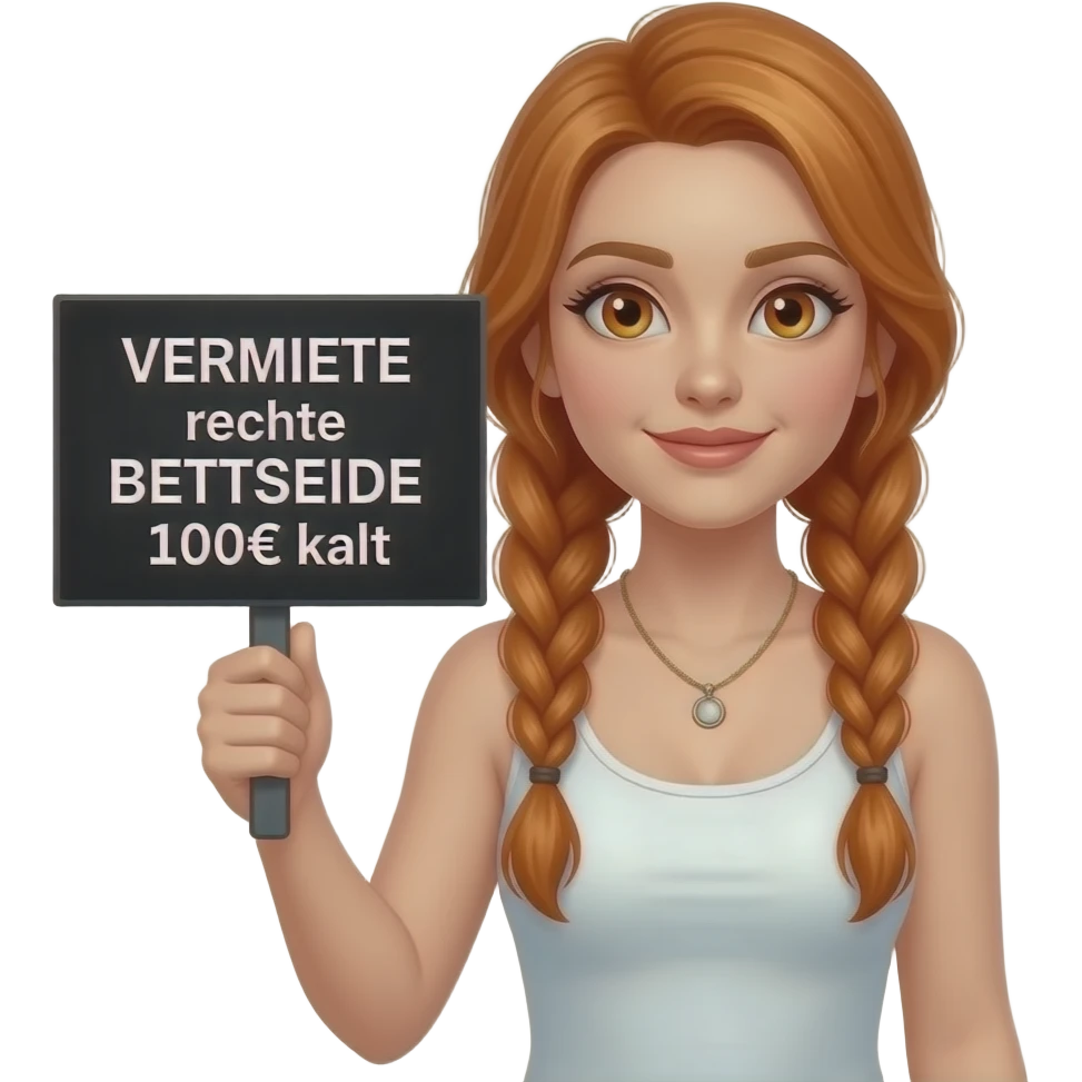 sexy girl with long ginger braids and ginger eyes wearing a white tanktop is holding a black sign with VERMIETE rechte BETTSEITE 100€ kalt written on it emoji