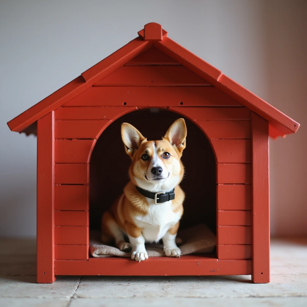 realistic red dog house with a Corgi dog inside, Corgi with a collar, photorealistic style emoji