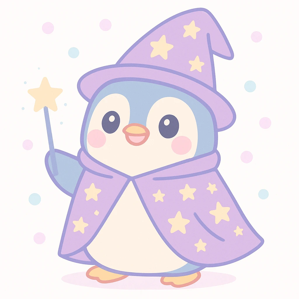 cute penguin wizard with starry cloak and wand emoji