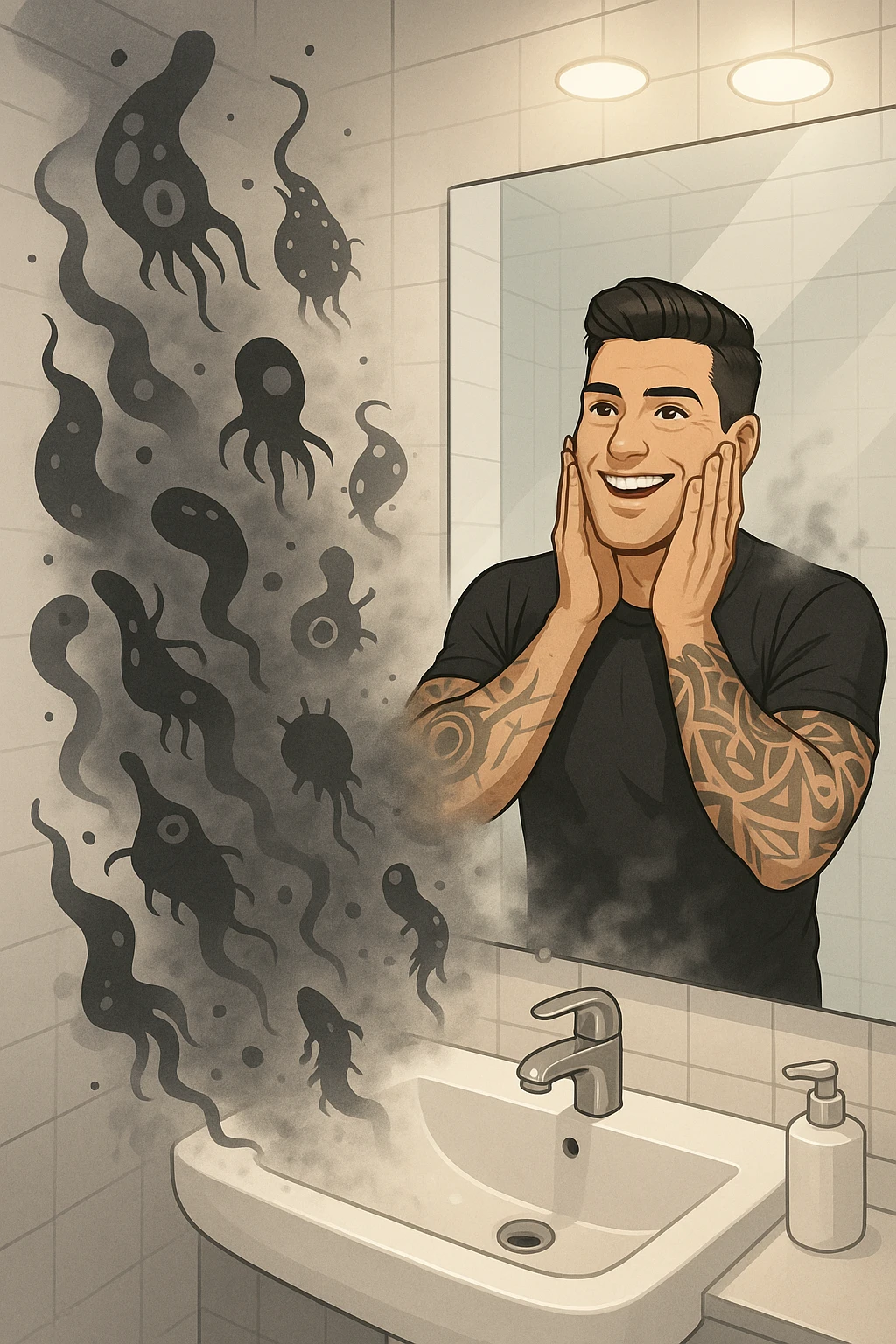 a man stands in a brightly lit bathroom, looking relieved and revitalized as he examines his reflection in the mirror. In the foreground, stylized, shadowy images of parasites (such as worms or protozoa) are shown leaving his body, dissolving into mist or fading away. His posture is upright and his expression is one of newfound energy and health. emoji