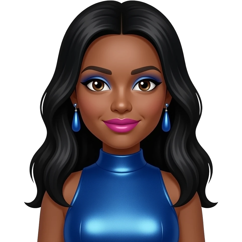 Tia from Diva Starz with dark skin, dark brown eyes, long black hair, blue eyeshadow, hot pink lipstick, blue metallic high neck dress, blue earrings emoji