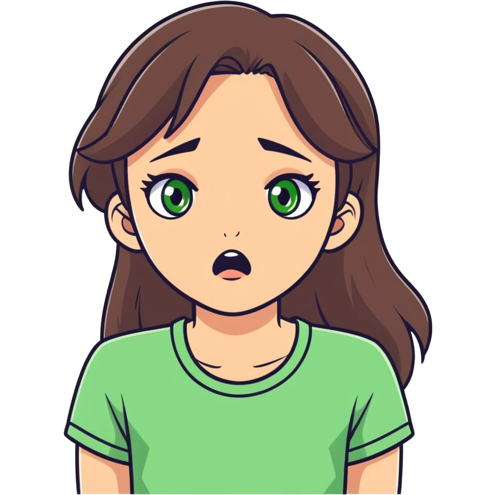white girl, brunette hair, green eyes shocked  emoji