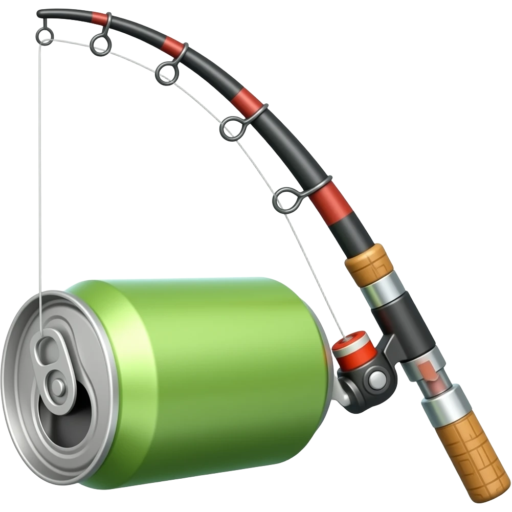 a fishing pole with a green pop can as the reel emoji