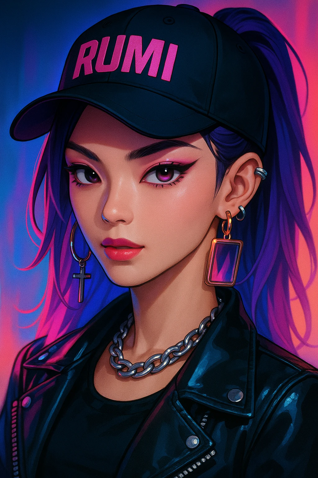 Rumi from Kpop Demon Hunters, close-up portrait, confident expression, stylish accessories, neon lighting, anime-inspired style emoji