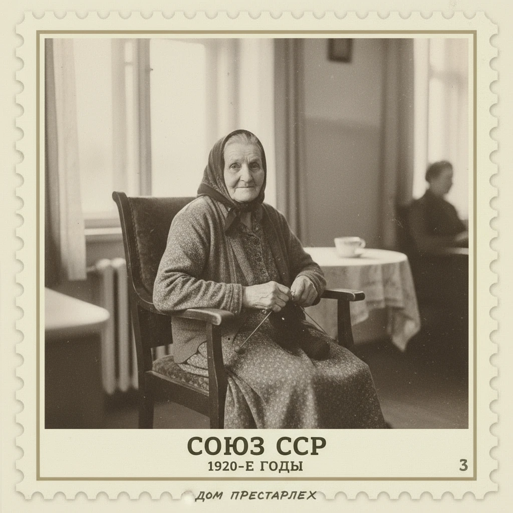 Марка на которой изображена бабушка в доме престарелых. СССР 1920-е годы.

Стиль марки такой же, как на прикрепленном фото emoji