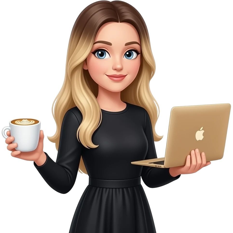 grey eyes woman, In long sleeves black dress, with long very straight blond hair down to the back of the back, with lombré hair with late art coffee and MacBook gold in other hands emoji