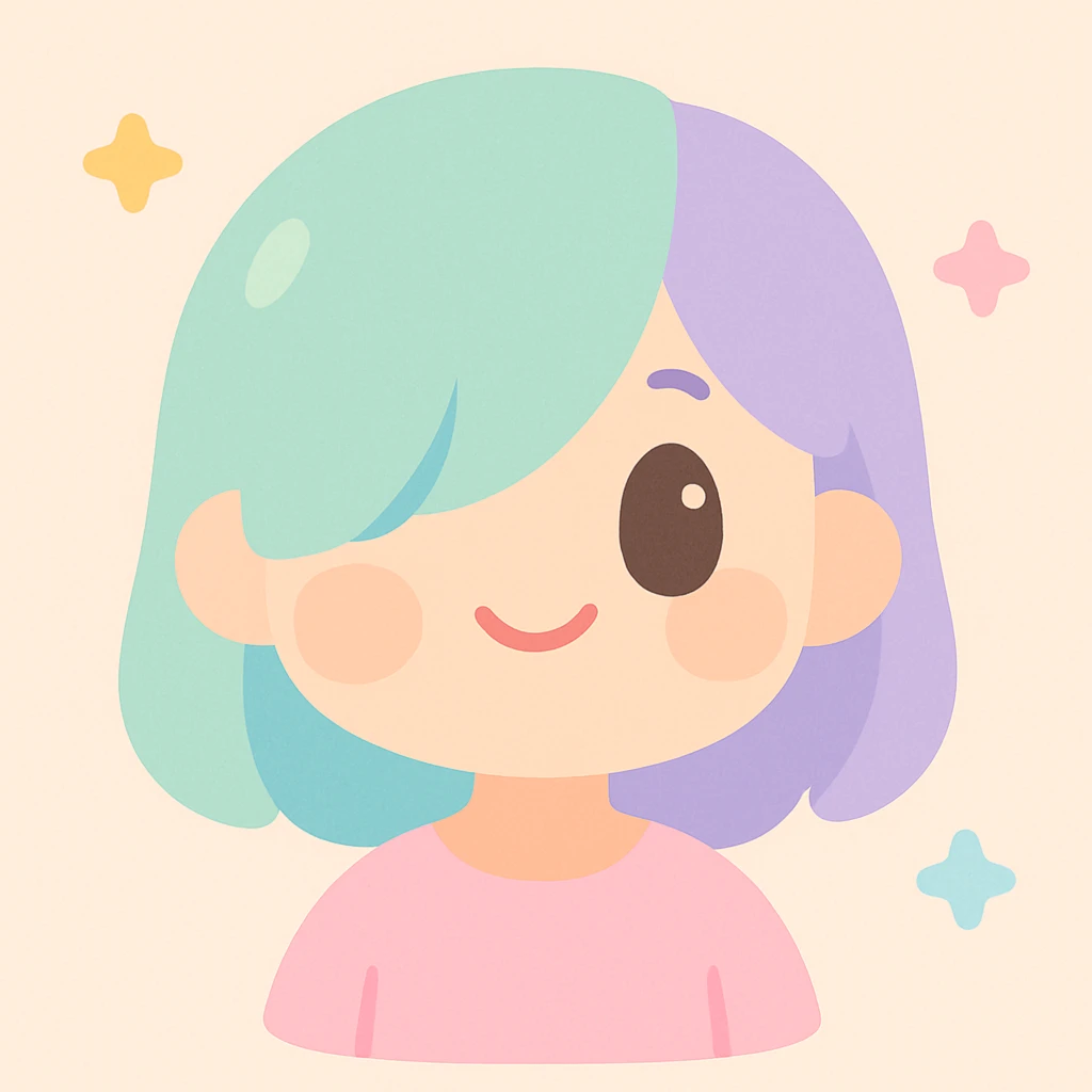 a girl smiling with her hair in bangs that covers one eye, visually appealing, cute illustration style, soft friendly modern cartoon style emoji