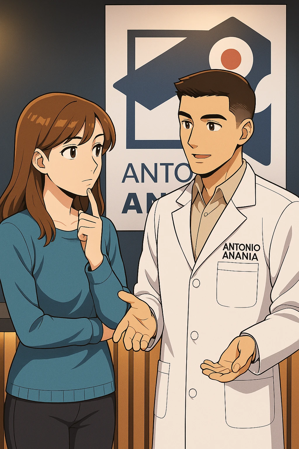 su questo stile fai un manga/webtoon a colori in cui una donna SI TOCCA IL MENTO CON L'INDICE MENTRE ASCOLTA PENSIEROSA L'UOMO, l'uomo della foto in stile manga LE SPIEGA CHE DEVE PROVARE LA SUA VALUTAZIONE MEDICA, mantieni un ambiente simile alla foto che ho allegato con il suo logo (sarebbe il suo studio, lui è un kinesiologo), scrivigli "ANTONIO ANANIA" sul camice bianco, non mettere fumetti, ma fai in modo che sembri che la donna ASCOLTI l'uomo emoji
