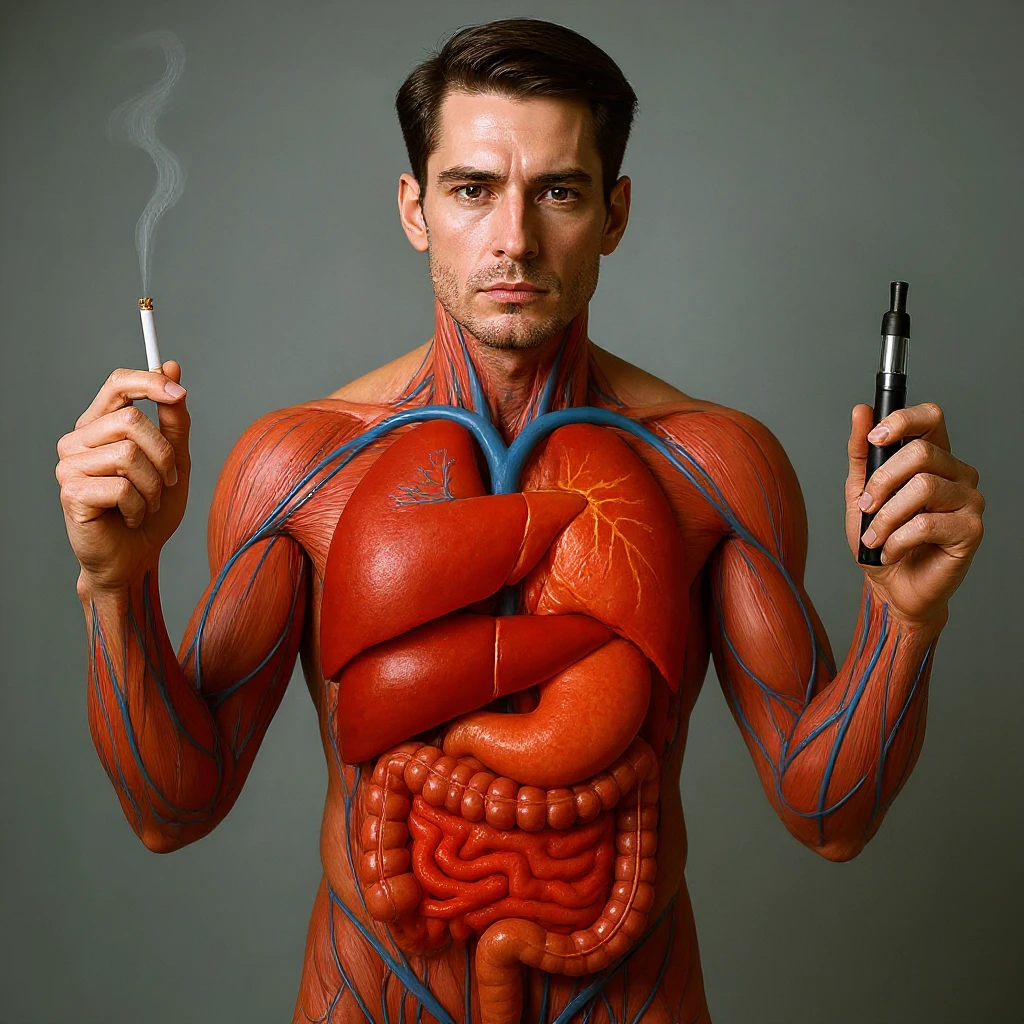 Hyperrealistic 4K vertical 9:16 medical illustration, realistic human anatomical body, inflamed liver and intestines highlighted, man holding a lit cigarette in the right hand and an electronic cigarette in the left, style identical to the reference image. emoji