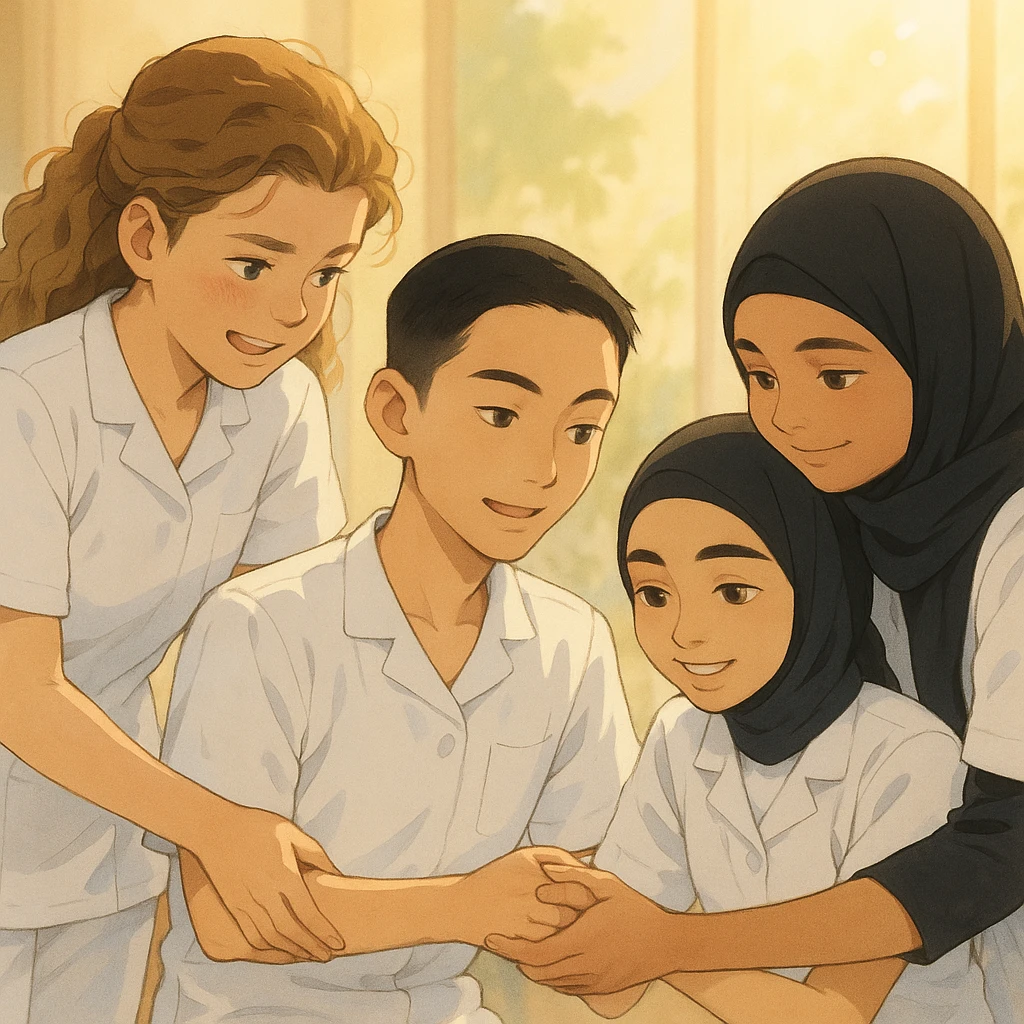 Four nursing students inspired by the faces in the four photos, wearing complete white short-sleeve uniforms (arms visible), no stethoscope, helping each other, in a warm and caring Ghibli style atmosphere with a soft and bright background. emoji