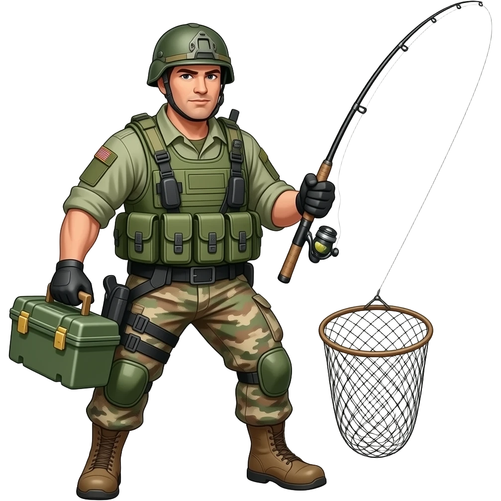 cross between a fisherman posing in a battle pose or posing in a conflict that’s a mix between an army soldier with the gear vest on and helmet in has body armor on with extra fishing gear that he would need for fishing make a cross look between a soldier and army soldier mixed fisherman emoji