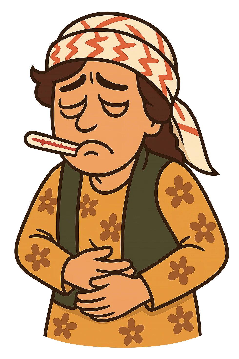 Kurdish sticker, cartoon style, Kurdish man or woman in jamadani, feeling sick, holding stomach or with a thermometer, sad face, no text emoji