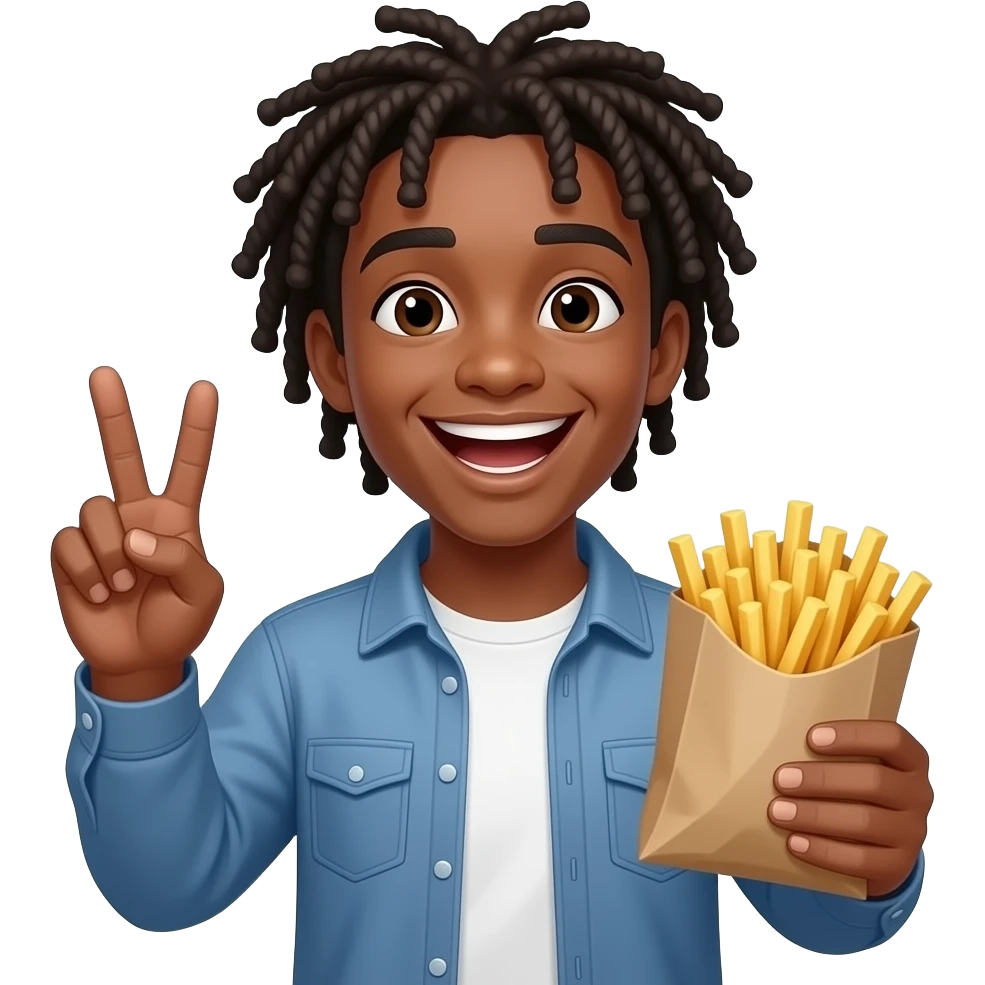 Young Black guy with dreads laughing doing the peace sign in one hand and holding a bag of fries in the other emoji