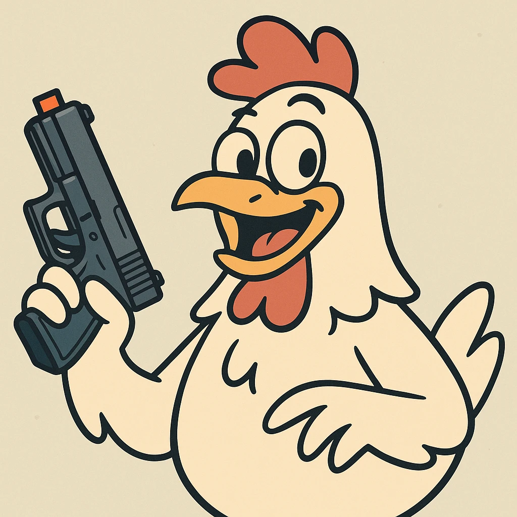 cartoon chicken holding a Glock-style toy gun with an orange safety tip, playful and non-violent, bright colors, fun expression emoji