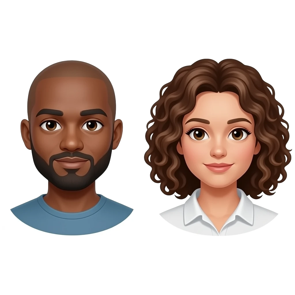 Short bearded Black, bald, man NO mustache, ONLY bearded with white brown curly haired female emoji