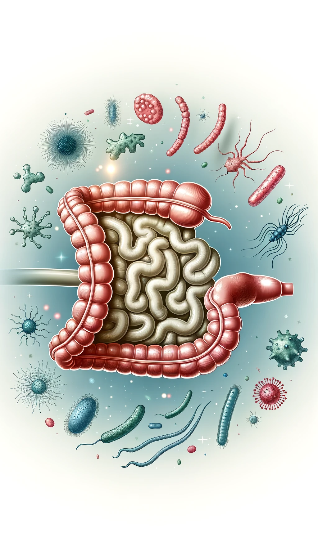 intestino umano anatomico con batteri e parassiti che gli fluttuano dietro, sfondo chiaro emoji