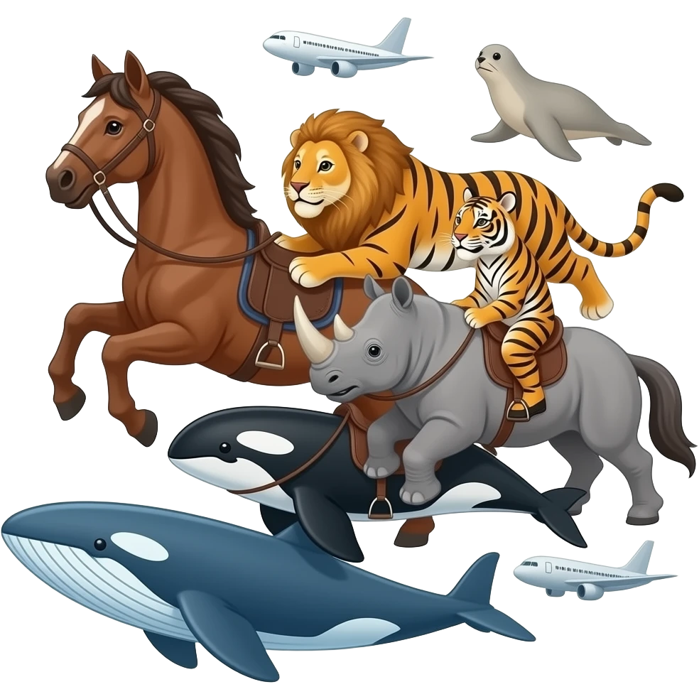 Kitten riding a horse that is riding on a lion that is riding on a tiger that is riding on a rhino that is riding on a horse that is riding on a seal that is riding on an orca that is riding on a sperm whale that is riding on a plane in the sky emoji