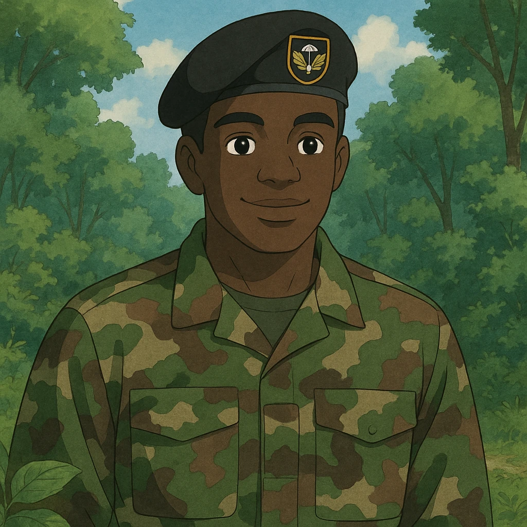 militar con uniforme pixelado boscoso, boina negra con emblema paracaidista, piel morena emoji