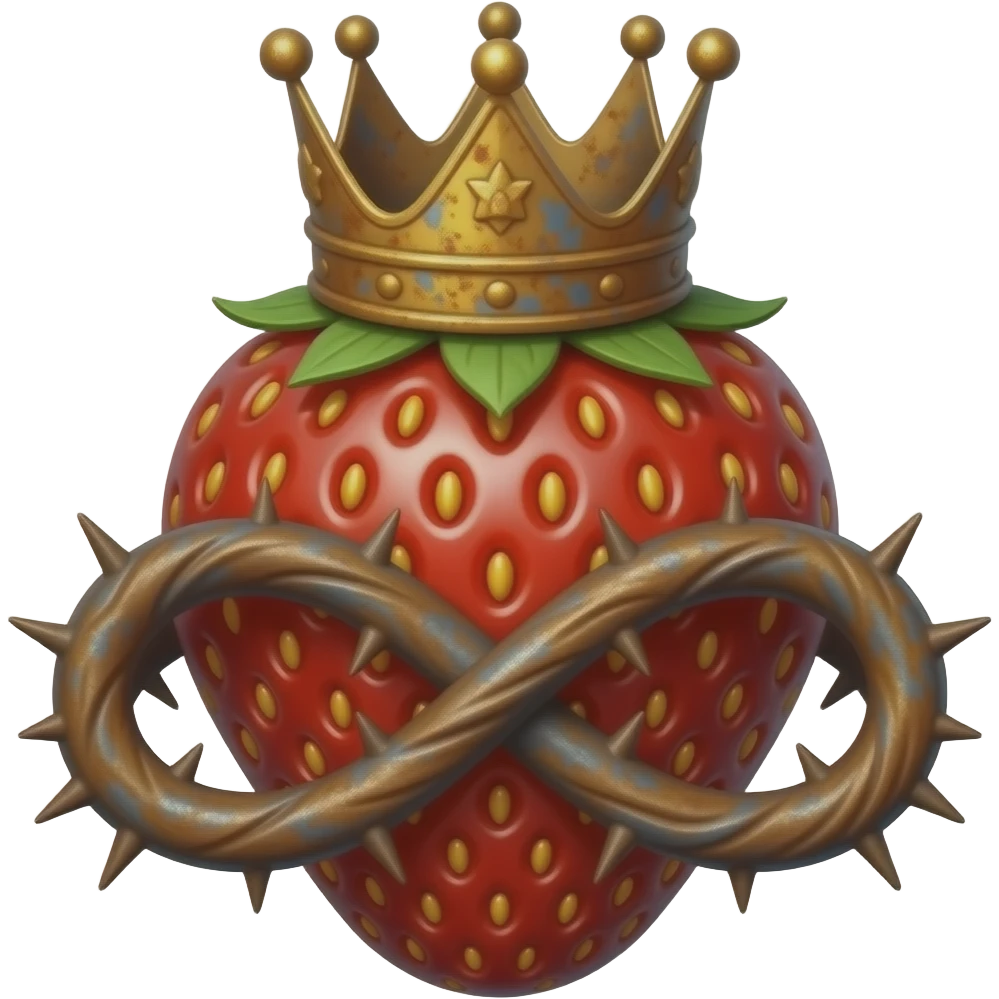 a rusty strawberry with a rusty, richly decorated English royal crown on top that is flaming. A crown of thorns is wrapped around the strawberry's body and is spinning around its body in the form of an infinity sign emoji