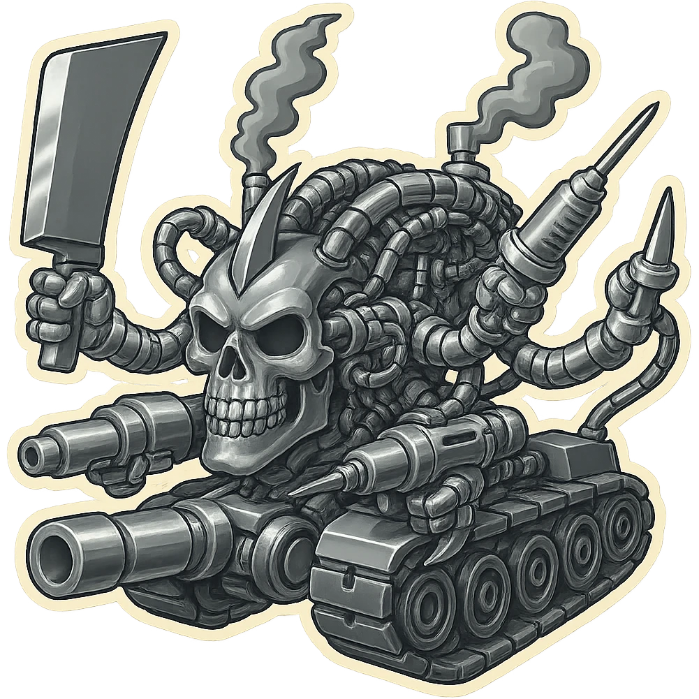 Edit the skull robot tank to have 4 distinct arms, each hand holding a different weapon: a large industrial blade (not a sword), a blaster, a menacing syringe, and a claw. All exterior metal is shiny silver grey, inner parts are dark grey, with no blue or orange tints anywhere. Weapons and sharp claws are forward, ready to attack. Maintain retro stickers style, clean outline, compact proportions, and transparent background. emoji
