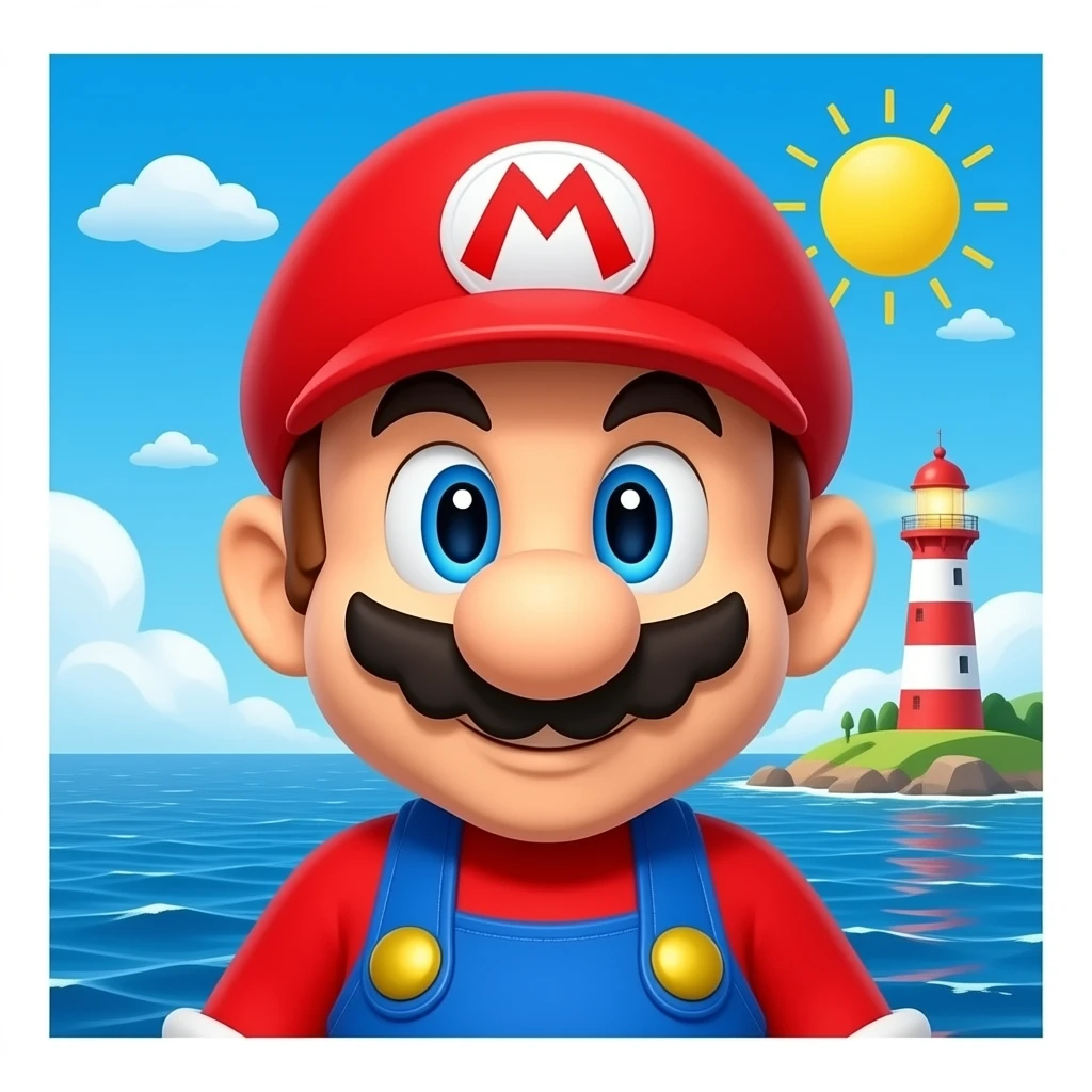 super mario bro close to a lighthouse 3d in the ocean emoji