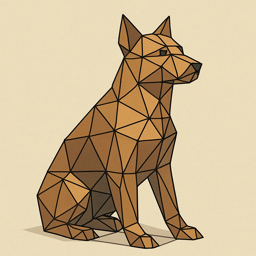 {
  "style_description": {
    "name": "Low Poly Wireframe",
    "overall_look": "Geometric abstraction with visible polygonal mesh edges and a minimal, digital aesthetic",
    "geometry": {
      "shape_type": "triangles and quadrilaterals forming faceted surfaces",
      "structure": "low-resolution polygon meshes with flat faces",
      "edge_visibility": "clear, sharp wireframe outlines around each polygon",
      "dimensionality": "3D-like forms created through flat shading and edge contours"
    },
    "linework": {
      "type": "thin or semi-bold outlines tracing all edges of the mesh",
      "style": "uniform or slightly stylized (e.g., dotted or glowing lines)",
      "color": "typically black, dark gray, or color-matched for contrast"
    },
    "color": {
      "application": "solid flat colors per polygon, without gradients",
      "palette_type": "limited, often monochromatic or with tonal variation per face",
      "highlighting": "minimal shading to emphasize surface depth without realism"
    },
    "lighting": {
      "approach": "ambient or directional lighting used sparingly to add dimension",
      "avoid": ["soft shadows", "complex reflections", "photorealism"]
    },
    "background": {
      "style": "plain or gradient backdrop to contrast mesh clarity",
      "consistency": "flat and neutral to preserve focus on wireframe structure"
    },
    "render_constraints": {
      "avoid": ["smooth surfaces", "rounded curves", "realistic textures"],
      "focus_on": ["polygon edges", "angular forms", "mesh clarity"]
    },
    "subject_treatment": {
      "representation": "simplified, stylized forms with clear geometry",
      "emphasis": "structure, volume through form and edge"
    }
  }
}

{subject} = dog emoji
