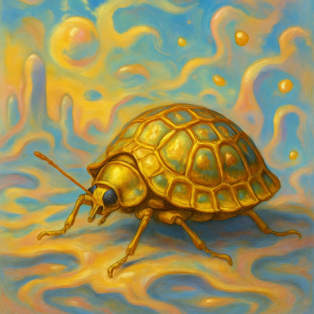 Golden Tortoise Beetle with a tortoise shell-like carapace, dreamlike surrealist style emoji