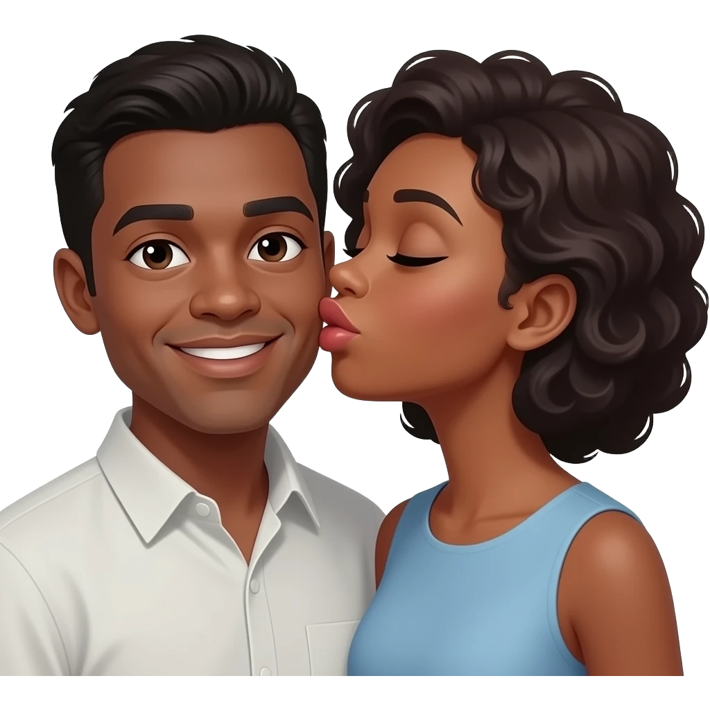 Black woman kissing tan man on cheek emoji
