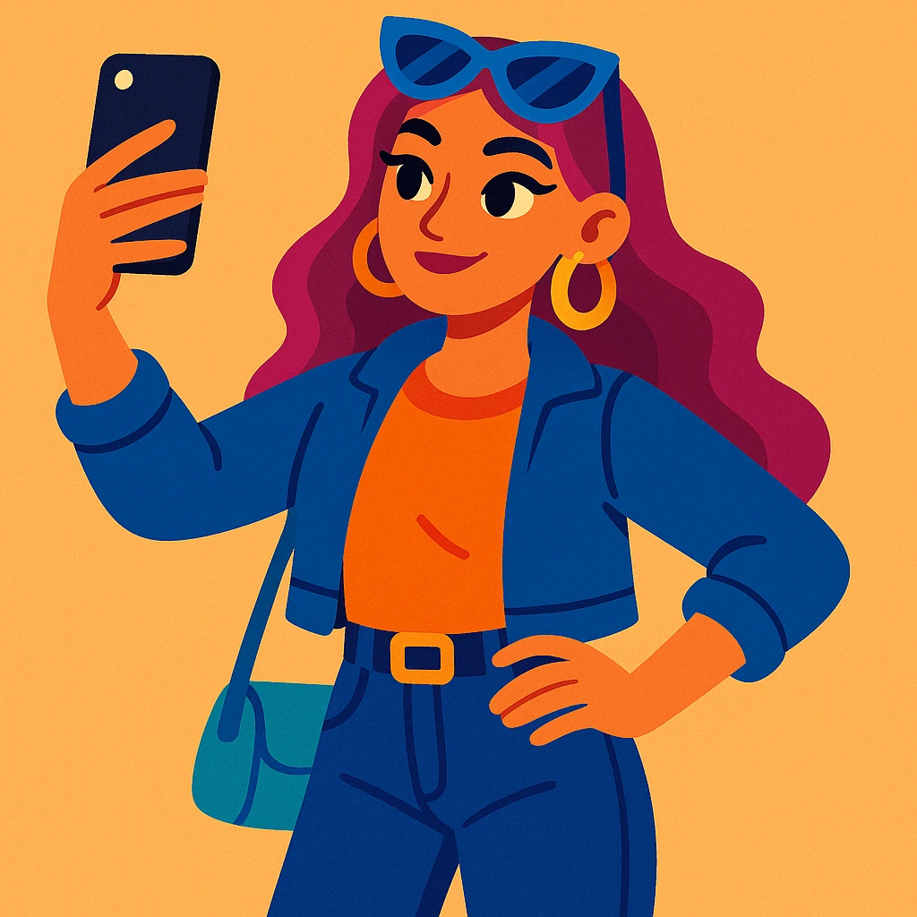 influencer girl, modern, stylish, holding a smartphone, selfie pose, casual fashion, vibrant colors, cartoon style emoji