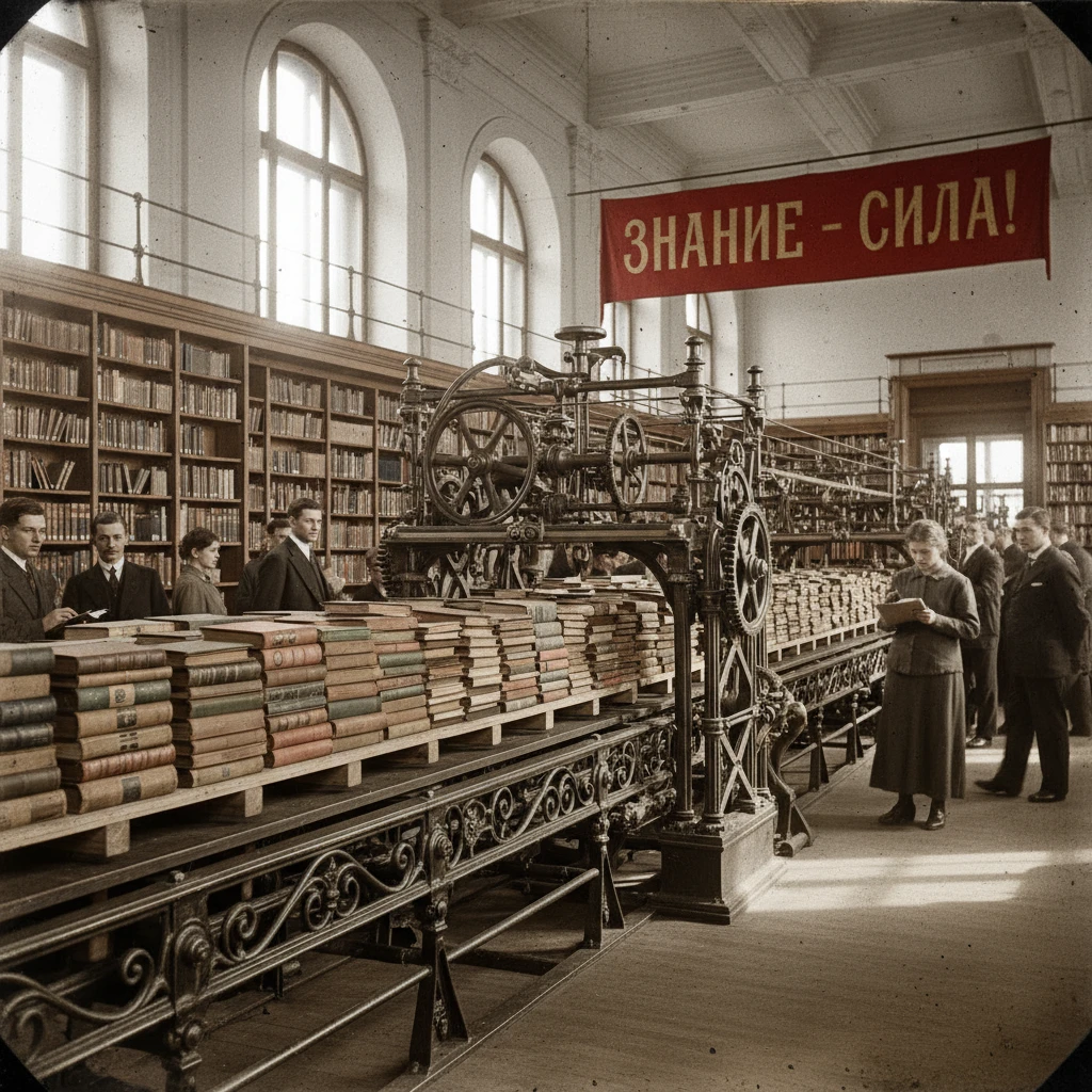 Книги едут по специальной механизированной ленте в библиотеке СССР 1920-е годы

Стиль - архивные цветные фотодокументы emoji