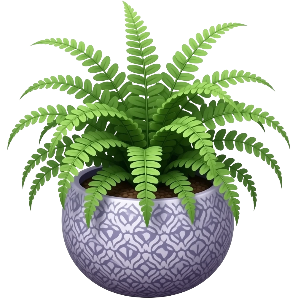 Create an elegant and decorative circular ceramic planter. The planter has a wide mouth and a low height. It is glazed in violet and contains a Nephrolepis exaltata fern. The background is white. Illustration style: cartoon – Art Deco – 2D emoji