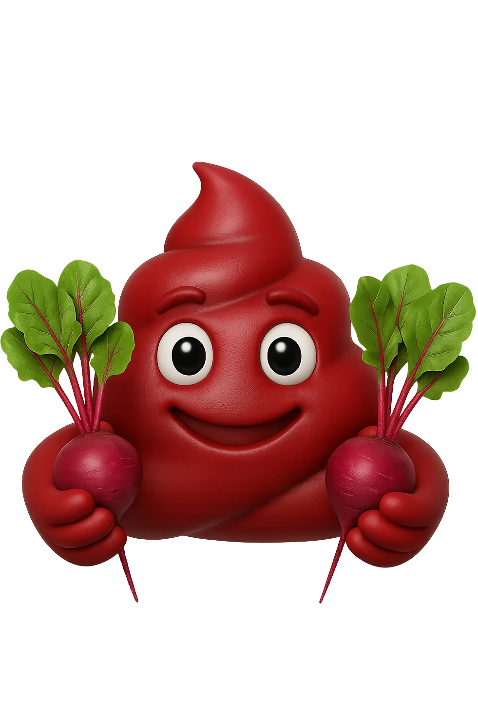 emoji stile iphone 3d di una cacca rossa con barbabietole in mano, iperrealistiche 4k emoji