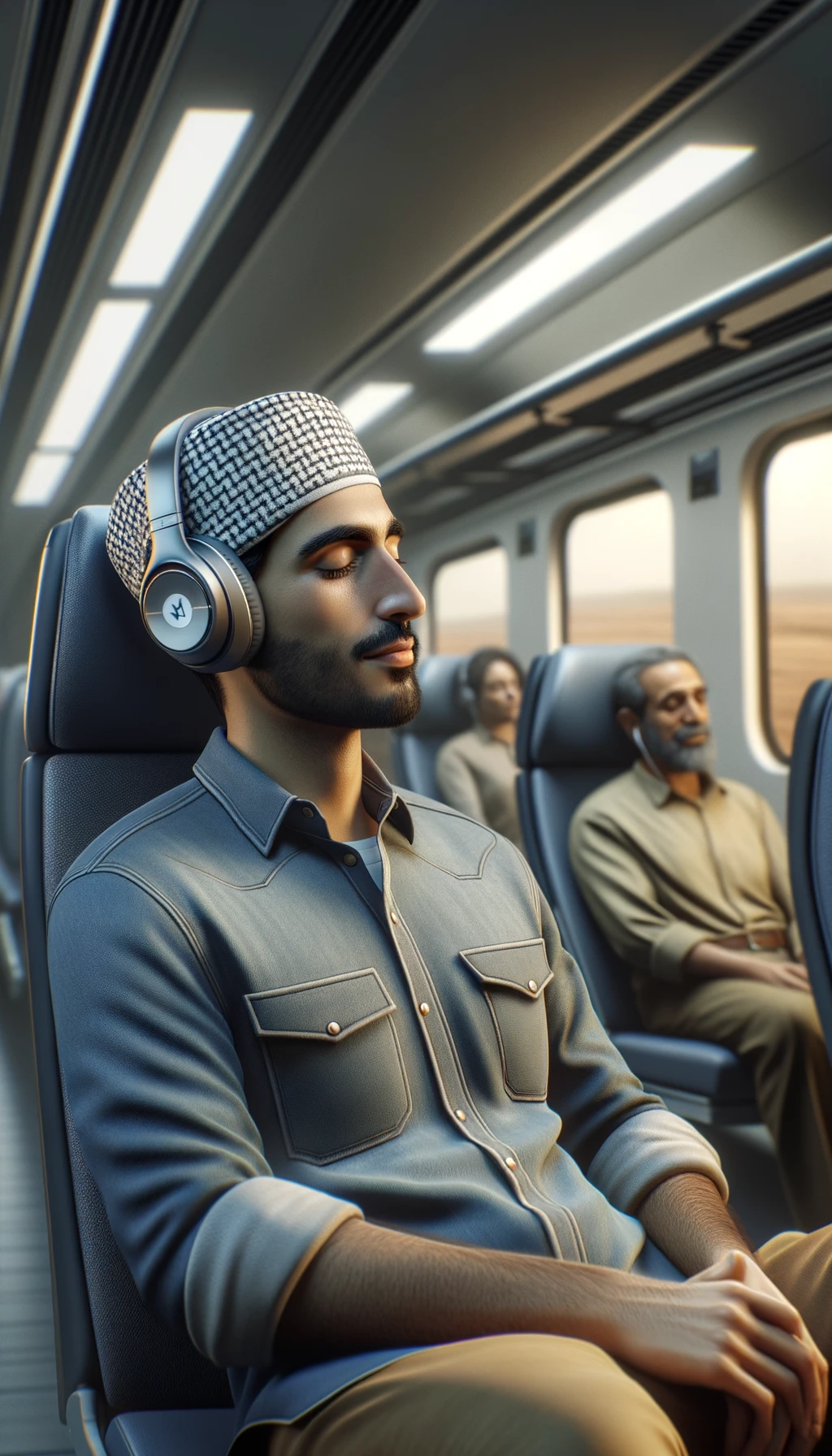 UOMO che ASCOLTA MUSICA CON LE CUFFIETTE BLUETOOTH NELLE ORECCHIE E GLI OCCHI CHIUSI SEDUTO SUL SEDILE DI UN TRENO, sullo sfondo L'INTERNO DELLA CABINA DI UN TRENO con toni chiari neutri, iperrealistico 4k emoji