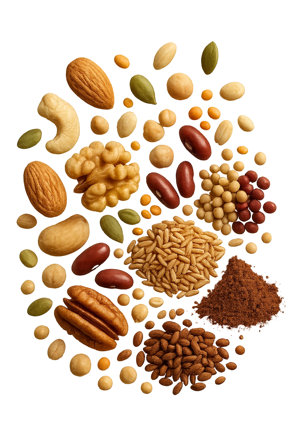 semi, frutta secca, legumi, cereali integrali, cacao amaro fluttuano in aria , iperrealistici 4k emoji