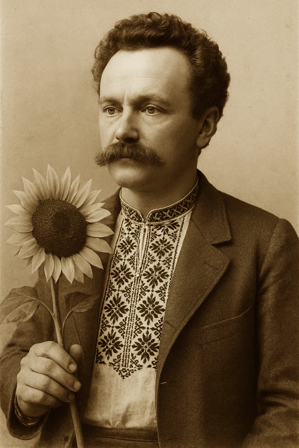 holds a sunflower in his hand emoji