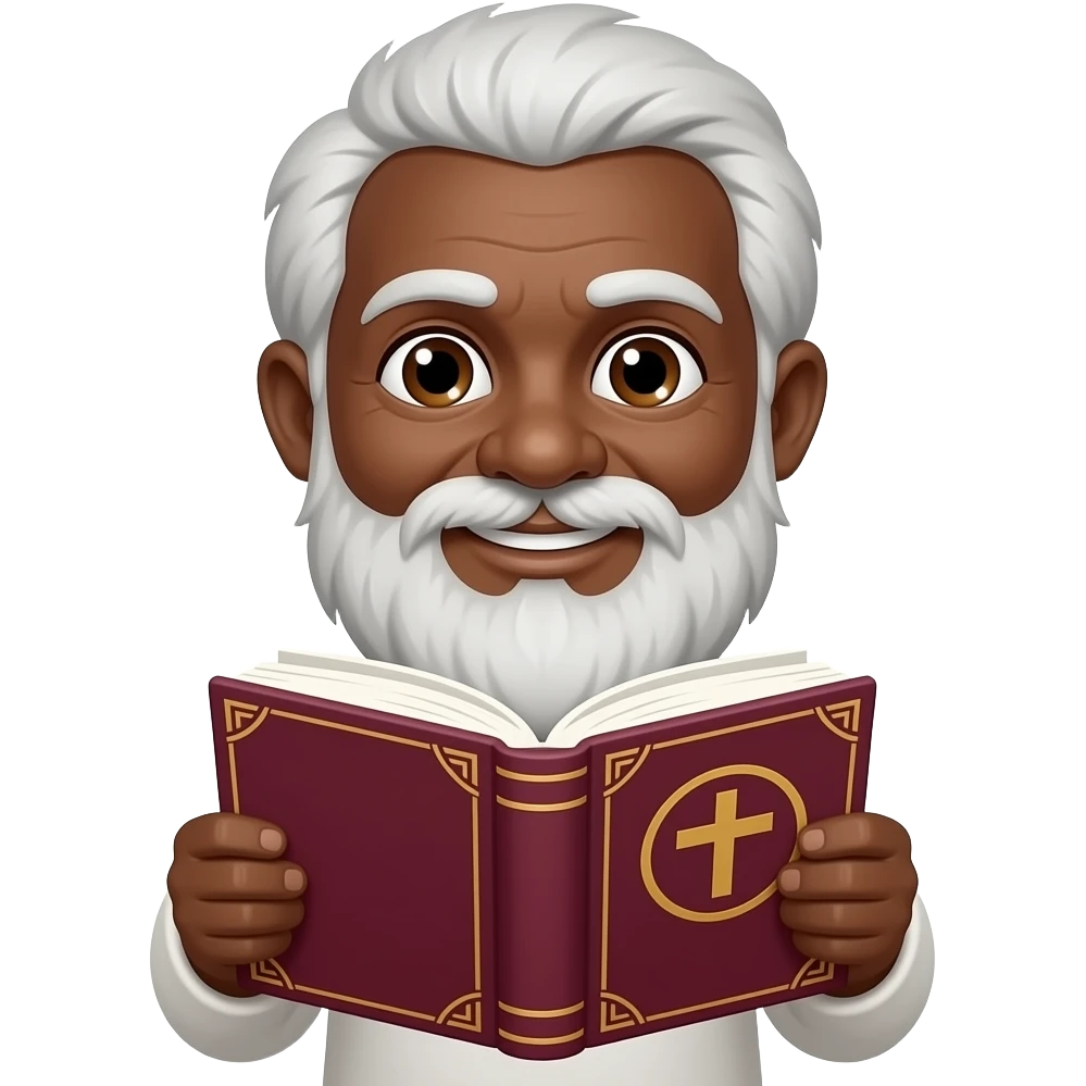 wise old man with greying white hair slight smile brown eyes white beard black skin with burgundy book that has a cross on it no circle emoji