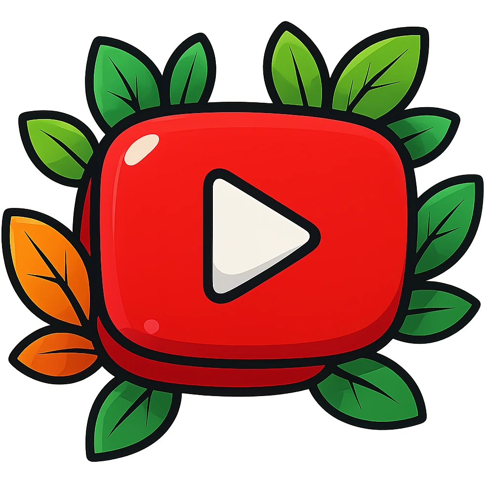Plump, smooth YouTube logo in vibrant toon style with thick black outline, expressive solid shadows, glossy highlights, surrounded by bright leaves, no background. Emphasize rounded shapes, contours, and shine, matching the reference style, but keep the look flat and drawn, not balloon-like. emoji