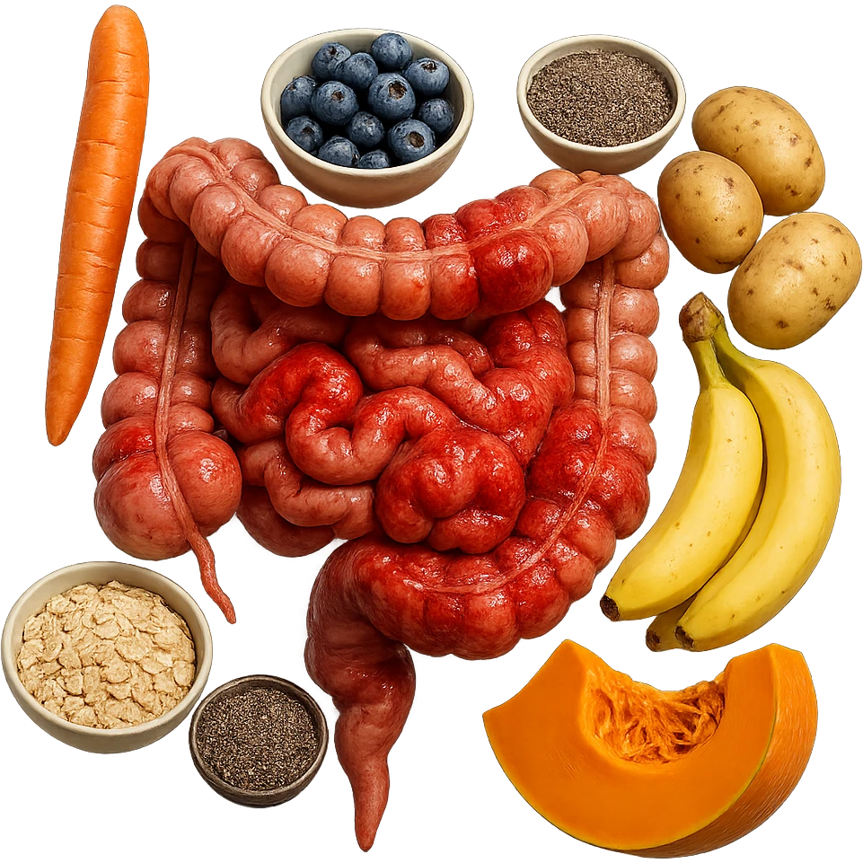 intestino umano anatomico infiammato con carota, bowl di avena, mirtilli, bowl di semi di chia, patate, banane, zucca, bowl di riso che gli fluttuano dietro, iperrealistico 4k emoji