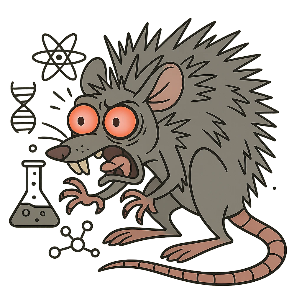 A scared lab rat with fur on end, wide eyes, red glowing eyes, gray fur, cartoon style with frightened pose and scientific elements, not in kawaii style. emoji