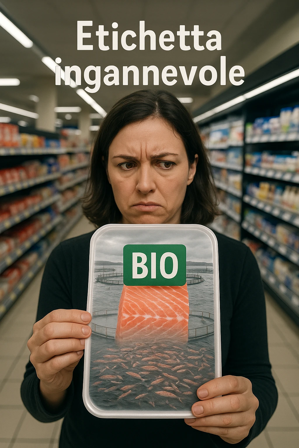 Scena in un supermercato moderno: uomo o donna tiene in mano una confezione di salmone etichettata 'BIO', con un grande bollino verde. Ma in trasparenza, dietro l’etichetta, si intravede un allevamento intensivo di salmoni in gabbie marine, acqua torbida e pesci ammassati. Espressione del cliente confusa e sospettosa. Sopra la testa, testo simbolico fluttuante: 'Etichetta ingannevole'. Colori contrastanti: confezione brillante ma realtà di fondo grigia e artificiale. Stile realistico con elementi simbolici forti realistico emoji