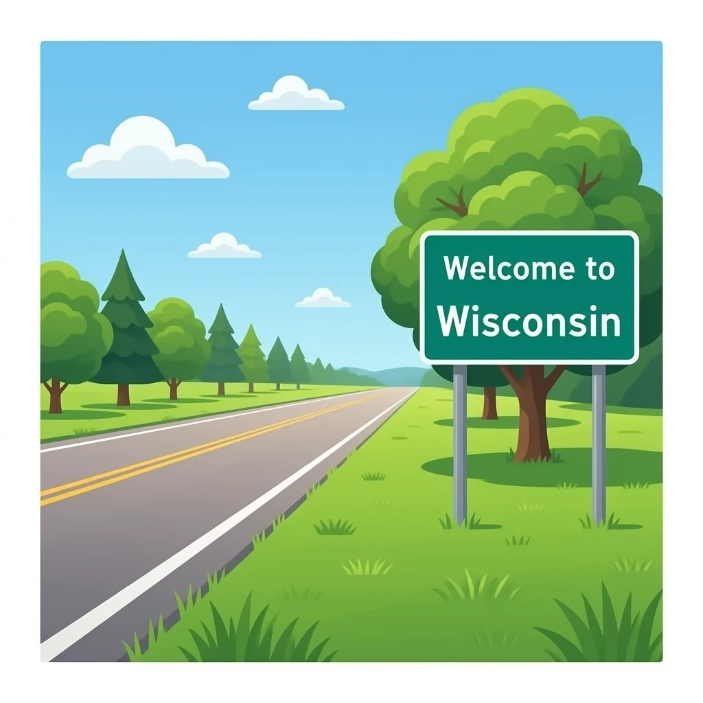 make a sign that says “welcome to Wisconsin” just like the real one on a road with bright green grass and trees. put it on the right side of the grass emoji