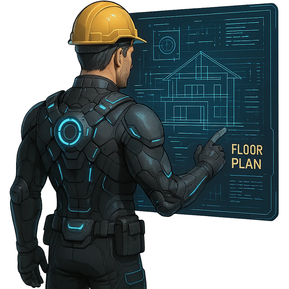 A 35-year-old male builder character with light skin in high-tech style with dark gray headers, cold blue links, warm white text, dark gray background, and teal accents. The character should be shown from the back, using a holographic blueprint, with a focus on the high-tech details. emoji
