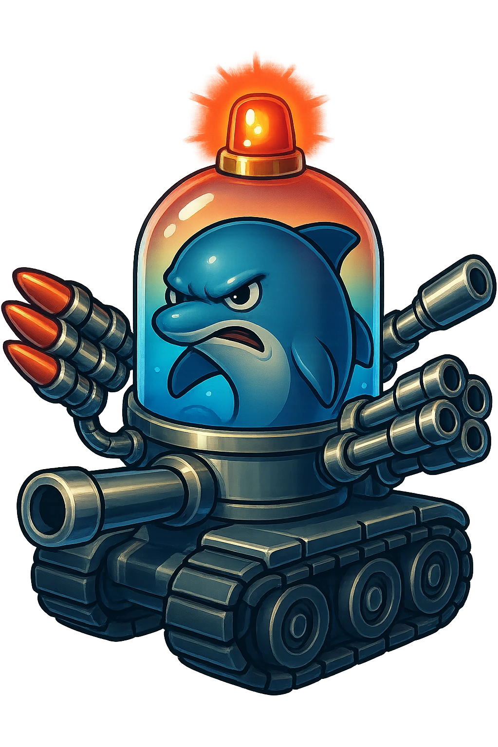 Create an angry-looking dolphin inside a water tank mounted on tank treads. The tank has a shiny metallic look with blue water inside. It is equipped with forward-facing missiles and large guns, and a rotating police light on top. The style is retro sticker with no border, transparent background. emoji