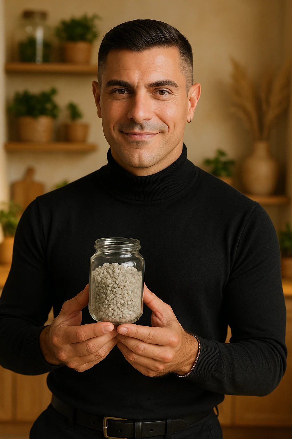 A man in his thirties with a healthy and aware appearance, holding a small glass container with moist gray Celtic salt. He has a proud look and a slight smile, showing the salt as a precious element for health. The background is a natural kitchen or holistic environment with warm natural light, creating a wellness atmosphere. Realistic detail of the salt crystals. Inspired by the face in the reference photo. emoji