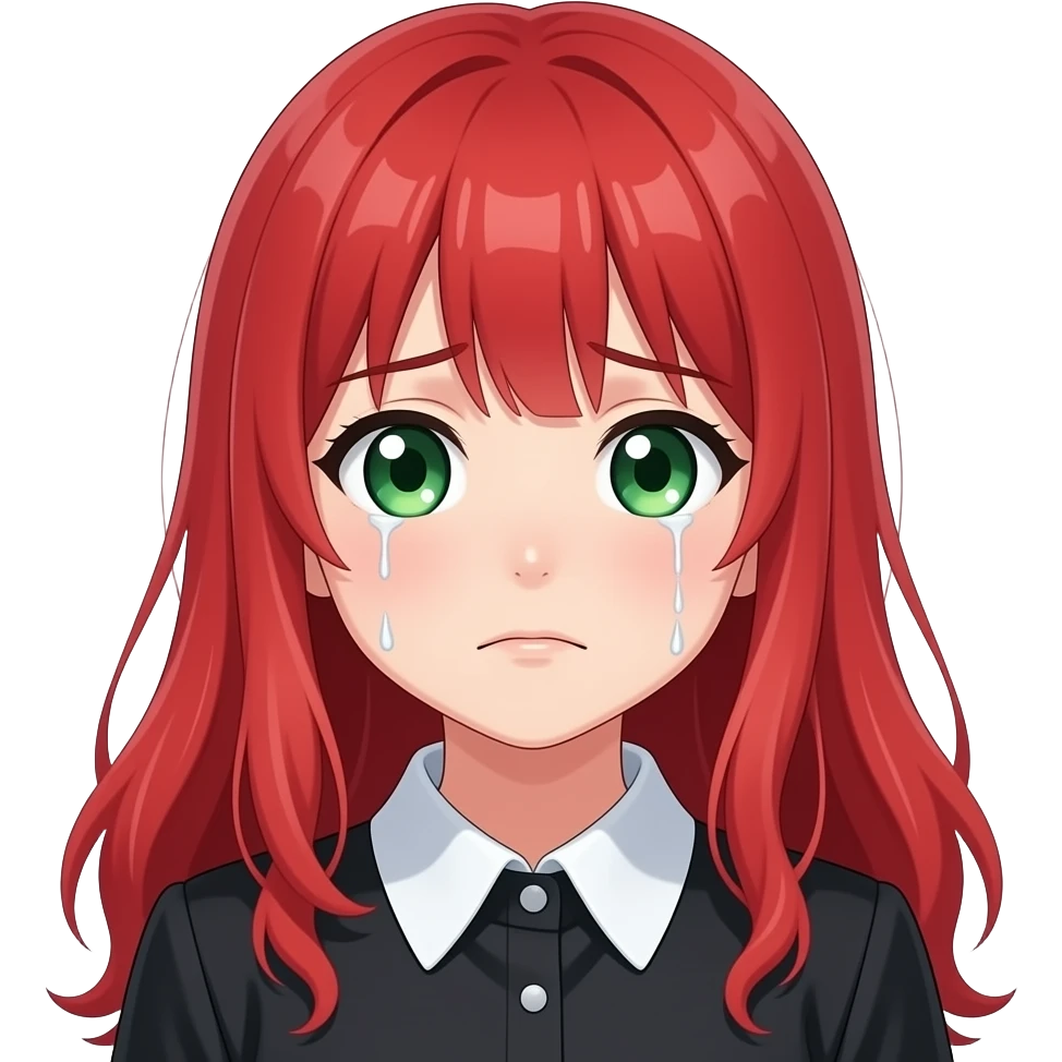 anime girl crying alot red hair green eyes black blouse with white collar emoji